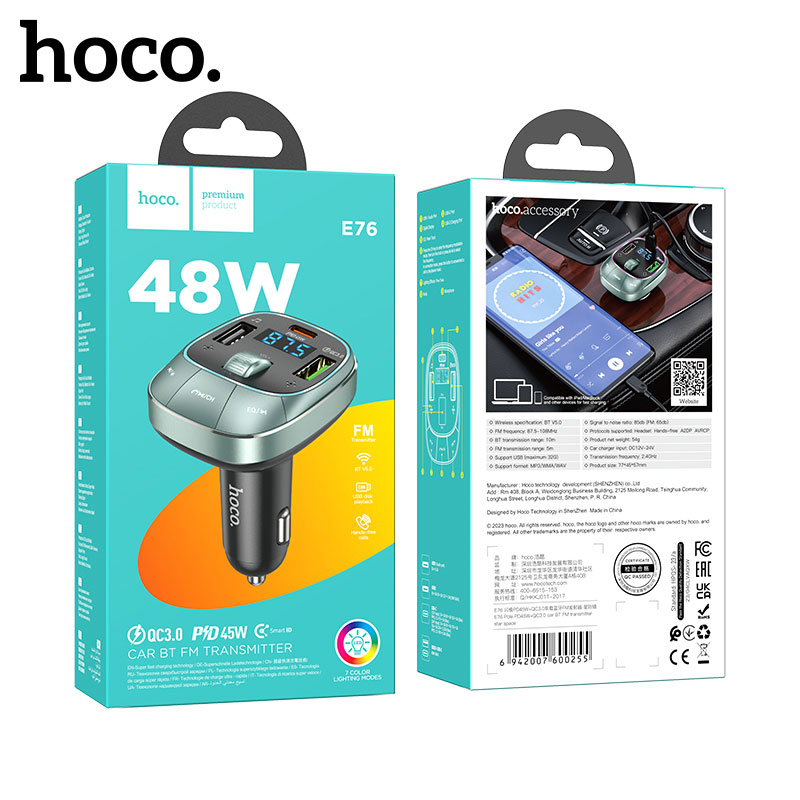 Hoco E76 - อุปกรณ์รับสัญญาณบลูทูธ FM รถยนต์ พร้อมช่องชาร์จ 48W - Image 9
